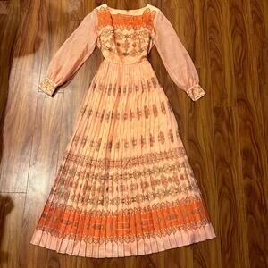 Vintage 70's Alfred Shaheen Dress Size 10 Orange Pleated Rare VTG